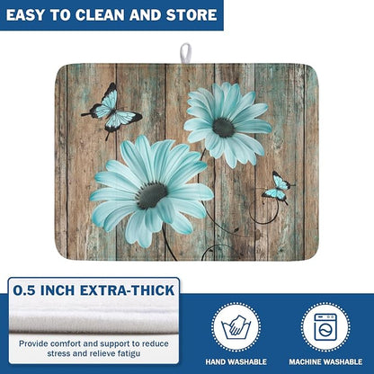 Teal Sunflowers Drying Mat 24x18 Inch, Summer Wooden Board Drying Mat with Absorbent Reversible Microfiber, Rustic Dish Drainer Mats Shabby Chic Floral Rack Pad for Coffee Countertop Kitchen Protector