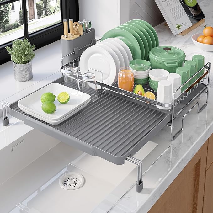 Kitsure Extendable Dish Drying Rack - Adjustable Length 12.8"–21.0", Auto-Draining Dish Rack for Kitchen Counter, Rust-Resistant Metal Frame Over-Sink Support for Plates, Bowls & Utensils, Sliver Grey by Kitsure