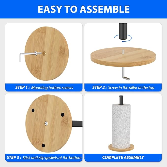Wooden Paper Towel Holder Countertop, Black,Non-Slip Base, Stainless Steel, FreeStanding, Easy Install, Durable, Ideal for Home,RV,Bathroom,Farmhouse Essentials Decor Accessories
