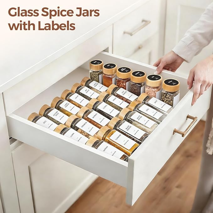 ComSaf Spice Jars with Label 4 oz 24Pcs, Glass Spice Jars with 6 Extra Shaker Inserts and 93 Labels, Seasoning Set with Bamboo Lids and Metal Funnel, Square Containers for Organization, Salt, Pepper - Image 9