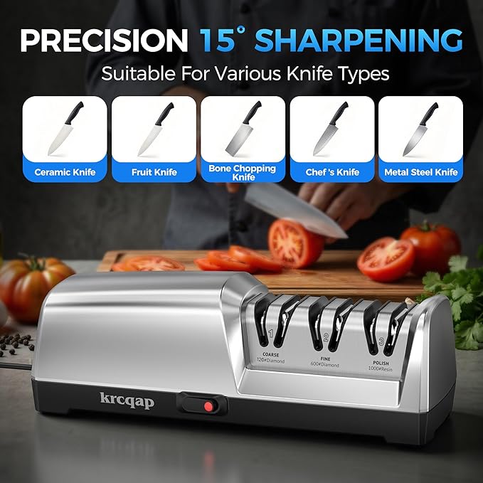 Knife Sharpener Electric for Kitchen - 3-Stage Kitchen Knife Sharpener - 15°Precision Angle Guide Knife Sharpeners - Stainless Steel Grinding Head-Portable and Useful-Fast Sharpening, Repair, Polish - Image 4