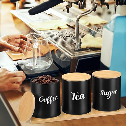 Reallnaive Coffee Tea Sugar Container Set with Tray, Set of 3 Airtight Metal Canister with Bamboo Lids, Farmhouse Kitchen Counter Organizer for Coffee Bar and Drink Station (Black)
