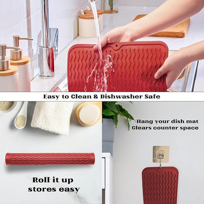 ZLR Silicone Dish Drying Mat & Heat Resistant Trivet (12" x 16") - Waterproof Counter Protector for Air Fryer, Coffee Maker - Non-Slip, BPA Free Kitchen Pad, Easy Clean Dishwasher Safe (Lava Red) - Image 4