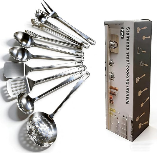 9 Pcs Cooking Utensils Set, Stainless Steel Kitchen Utensils, Heat Resistant Metal Kitchen Tools Include Solid & Slotted Turner Wok Spatula, Serving Spoon, Ladle, Pasta Server, Meat Fork, Tongs Silver by Unknown