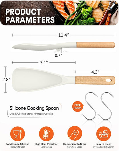 Cooking Spoon for Nonstick Cookwares, Great for Cooking and Serving Sturdy BPA-Free Matte Silicone, Wood Handle Spoon for Mixing, Scoop, and Scrape (2 Pack of White, 11.4 inch) - Image 2