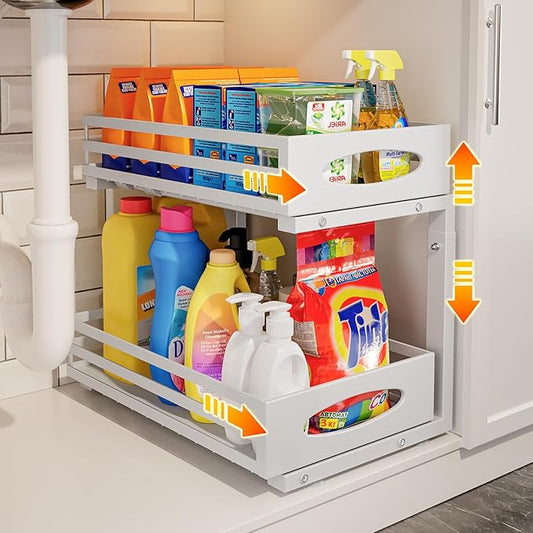 Under Sink Organizer, 2 Tier Under Sink Organizers and Storage, Adjustable Height, Slide out Metal Cabinet Organizers, Pull out Cabinet Storage Drawer Shelf for Kitchen Bathroom (White, 1 Pack) by MIXESHOP