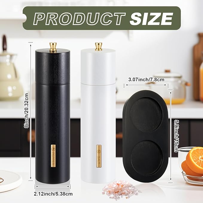 Wooden Salt and Pepper Grinder Set Manual Salt and Pepper Mill with Tray Adjustable Coarseness Refillable Wood Grinders with Gold Bottle Label for Kitchen (Black,White,8 Inch) - Image 3