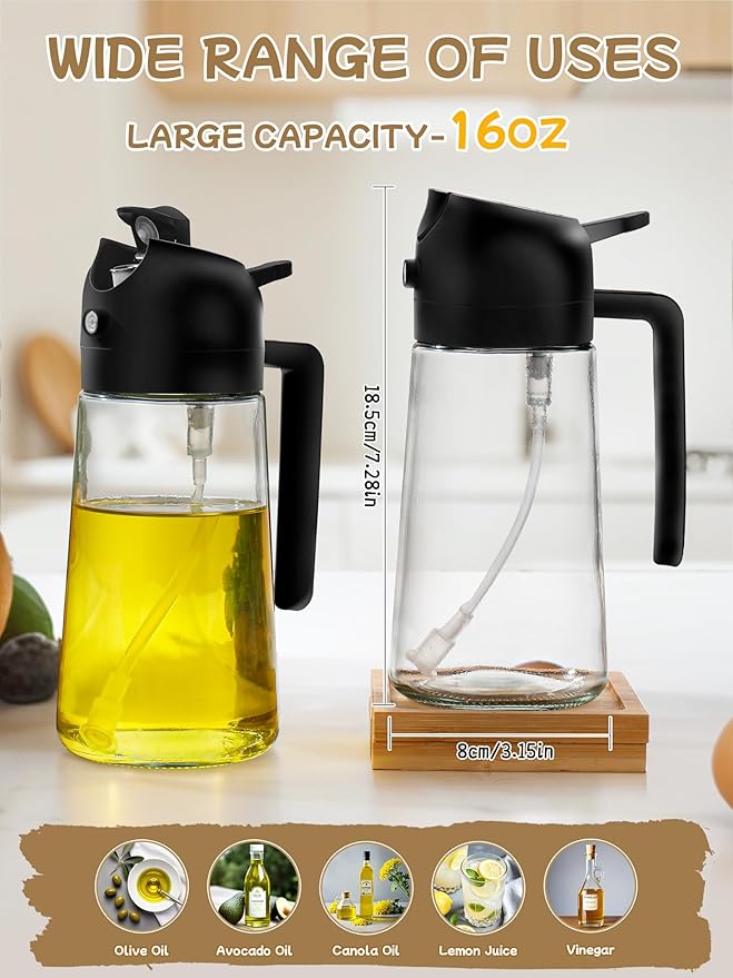 Kitchen Gadgets Oil Sprayer for Cooking 2pcs,Oil Dispenser for Kitchen,2 in 1 Oil Dispenser and Oil Sprayer,16oz Olive Oil Dispenser Bottle for Air Fryer,Salad, Grill (Black Kitchen Accessories) - Image 5