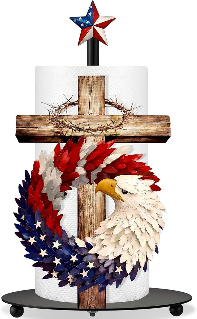Thyle 4th of July Patriotic Paper Towel Holder, Red White Blue Eagle Cross Kitchen Decor 250th Anniversary Star Design, Metal Countertop Stand for Bathroom Memorial Day Independence Day Home Decor