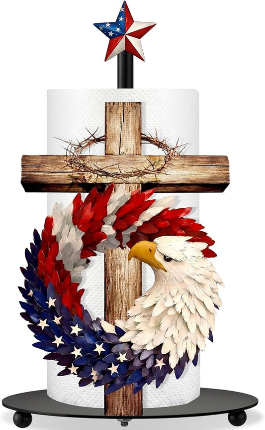 Thyle 4th of July Patriotic Paper Towel Holder, Red White Blue Eagle Cross Kitchen Decor 250th Anniversary Star Design, Metal Countertop Stand for Bathroom Memorial Day Independence Day Home Decor