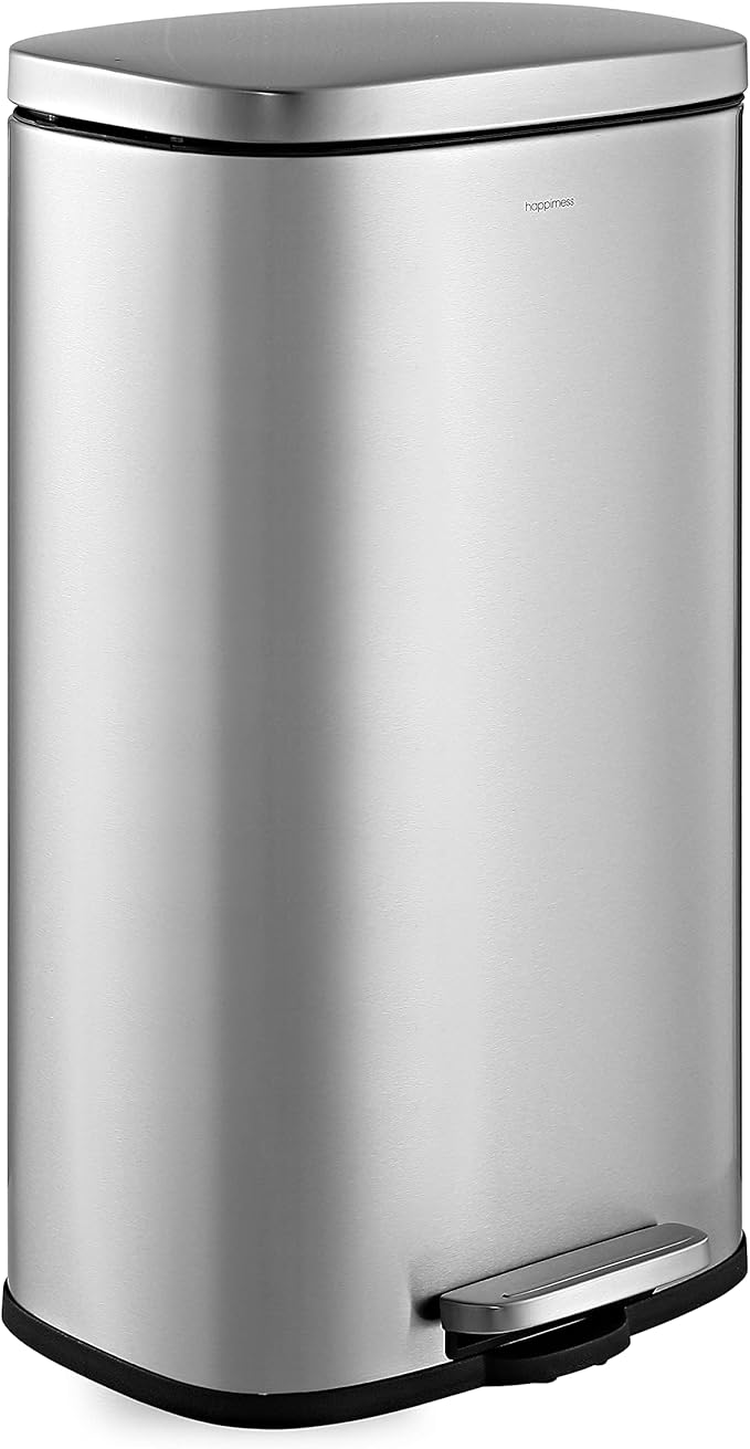happimess HPM1011A Curtis 8-Gallon Step-Open Trash Can with Soft-Close Lid, Modern, Minimalistic, Fingerprint Proof for Home, Kitchen, Laundry Room, Office, Bedroom, Bathroom, Chrome by Happimess