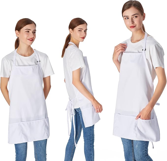 Jubatus 2 Pack 3 Pockets Adjustable Bib Apron Chef Kitchen Cooking Aprons for Women Men, White - Image 3