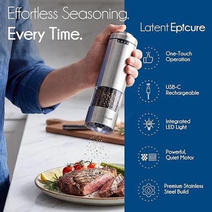 Latent Epicure Electric Salt and Pepper Grinder Set, USB-C Rechargeable Stainless Steel Mills with LED Light, Adjustable Ceramic Grinders with Acrylic Mill Rest Tray