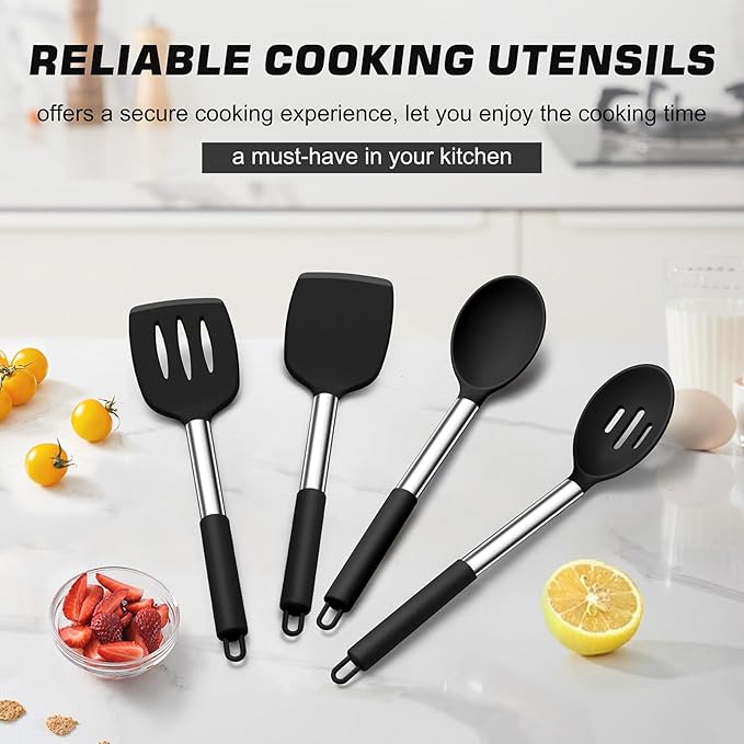 TeamFar Kitchen Utensils, 4 PCS Silicone Cooking Utensils Spatula Spoon Set with Stainless Steel Handle, for Frying Mixing Draining Turning, Healthy & Heat-proof, Non-stick & Dishwasher Safe - Black - Image 7
