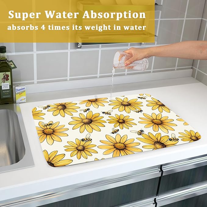 Spring Summer Dish Drying Mat of Kitchen Counter 18×24 Inch Floral Drainer Pad Sunflower Bee Dish Rack Pad Drainer Mat Washable Absorbent Reversible Microfiber for Coffee Bar