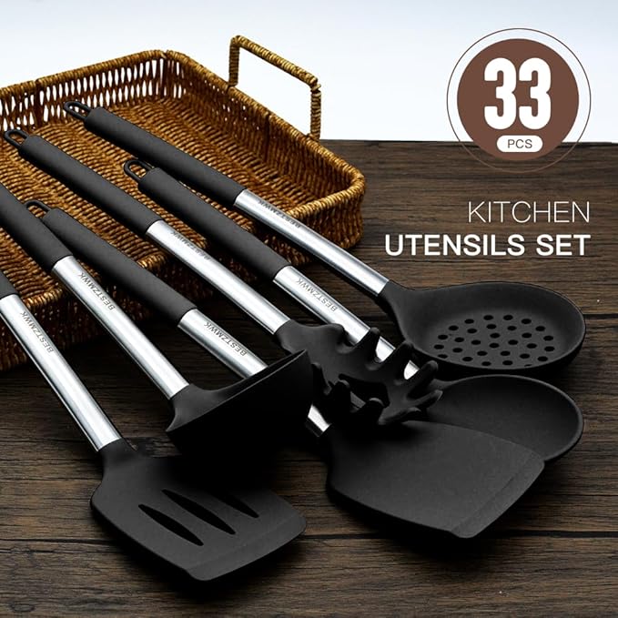 Kitchen Utensils Set-Silicone Cooking Utensils-32 pcs Non-Stick Silicone Cooking Kitchen Utensils Spatula Set with Holder-Best Kitchen Cookware with Stainless Steel Handle (Black) - Image 4