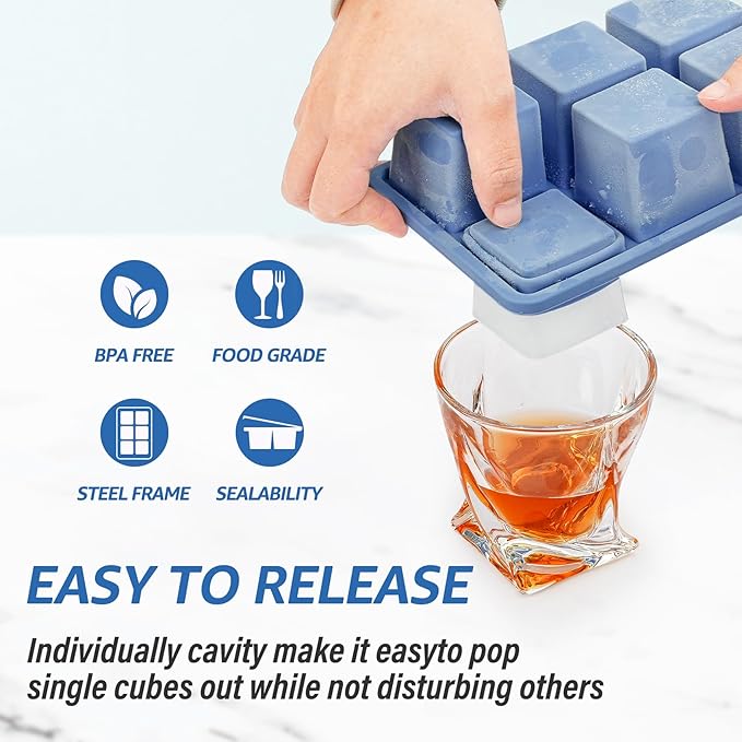 mossime Silicone Ice Cube Tray: 4pack Square Whiskey Large Ice Cube Molds - Old Fashioned Ice Cube Trays with Lid - 2inch Easy Release Big Freezer Mold for Cocktail Food Soup & Juice - Image 3