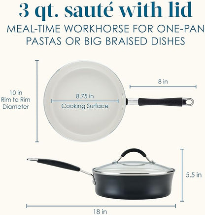 Rachael Ray Cucina Ceramic Nonstick Saute Pan with Lid, 3 Quart Non Stick Sauteuse Pan, Dishwasher Safe - Peppercorn