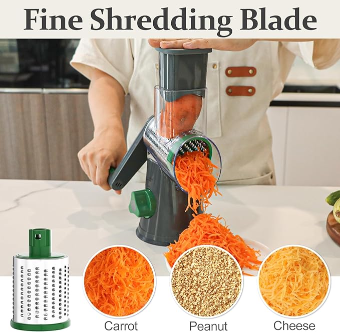 Cambom Rotary Cheese Grater Hand Crank Cheese Shredder for Fresh Cheese, Vegetable, Nuts,Non-slip Suction Base, Free Cleaning Brush Three Blades, Grey and Green - Image 4
