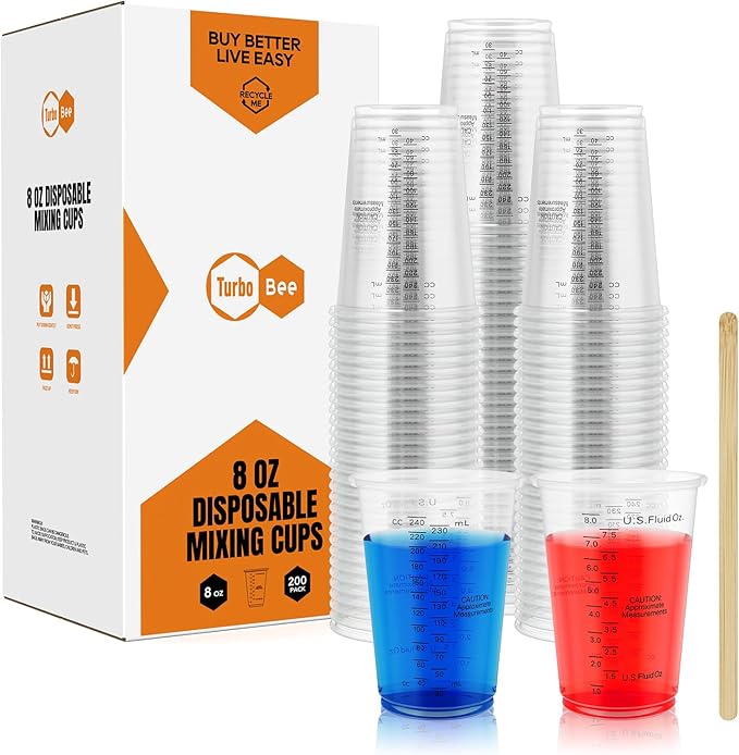 Turbo Bee Plastic Measuring Cups 8OZ,200 PACK Disposable Mixing Cups with 200 Mixing Sticks,Paint Graduated Measuring Tumblers for Epoxy Resin, Paint Mixing, Art DIY by TurboBee