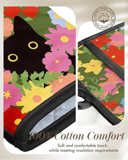 Miss Adola Cotton Oven Mitts and Pot Holders Sets - Quilted Lining Heat Resistant 4 Pieces Set with Hanging Loop Cute Farmhouse Boho Spring Kitchen Decor and Accessories, Cat Flower - Image 3