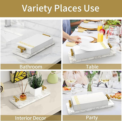 STWWO Napkin Holder for Bathroom, Guest Towel Holder Tray for Bathroom, Marble Guest Napkin Holders with Golden T-Handle, Disposable Hand Towel Tray for Guest Room, Table, Kitchen