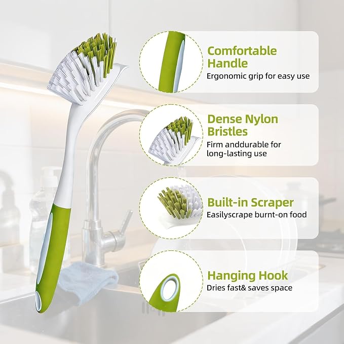Dish Brush Scrub Brush with Handle - 3 Pack Stiff Bristles Dish Scrubber for Cleaning Dishes, Pots, Pans, Sink, Cast Iron - Hard Bristles,No Residue - Image 6