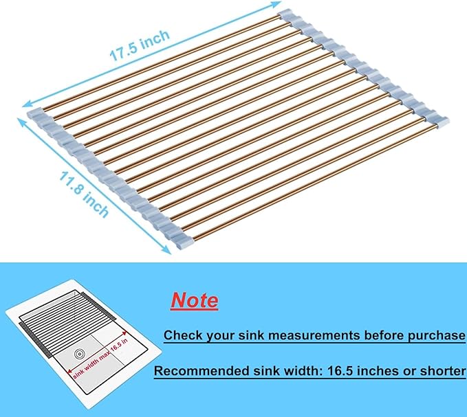 Seropy Roll Up Dish Drying Rack Over The Sink Drying Rack for Kitchen Counter, Rolling Dish Rack Over Sink Mat, Foldable Dish Drainer Stainless Steel Rack Kitchen Organization Gold 17.5"x11.8" - Image 4