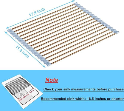 Seropy Roll Up Dish Drying Rack Over The Sink Drying Rack for Kitchen Counter, Rolling Dish Rack Over Sink Mat, Foldable Dish Drainer Stainless Steel Rack Kitchen Organization Gold 17.5"x11.8" - Image 4