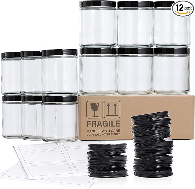 12 Pack, 8 OZ Clear Candle Jars For Making Candle, Thick Glass Jars with 12 Metal & 12 Plastic Lids - Empty Round Food Storage Containers, Canning Jar For Spice, Powder, Liquid, Sample - Food Grade by AOZITA