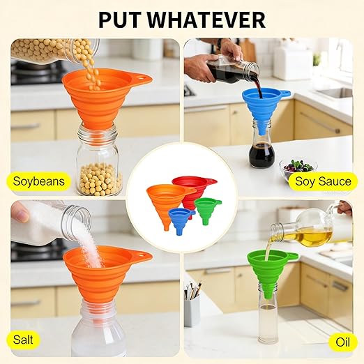 4-Pack Kitchen Funnel Set, Small and Large, Upgraded Kitchen Gadgets Accessories Foldable Silicone Collapsible Funnels for Filling Water Bottle Liquid Transfer Food Grade - Image 4