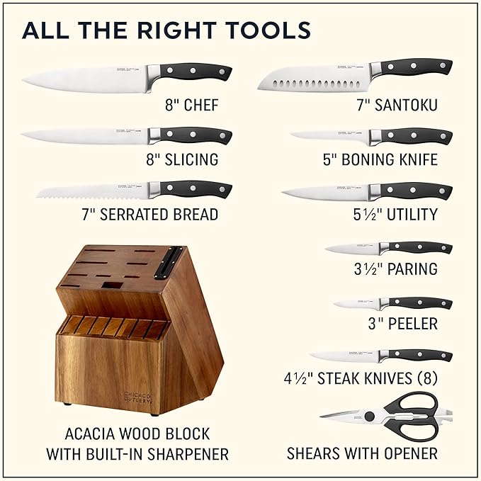 Chicago Cutlery Insignia Triple Rivet Poly (18-PC) Kitchen Knife Block Set With Wooden Block & Built-In Sharpener, Black Ergonomic Handles and Sharp Stainless Steel Professional Chef Knife Set - Image 2