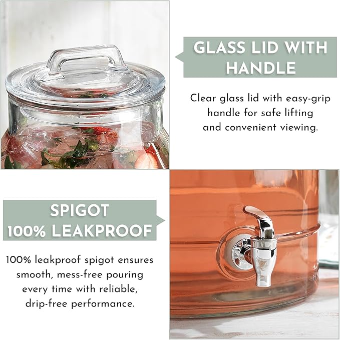 3 Gallon Glass Drink Dispensers For Parties,Classic Mason Jug Beverage Dispensers With Glass Lid With Handle And 100% Leakproof Spigot.Glass Water Jug Dispenser,Lemonade Dispenser - Image 2