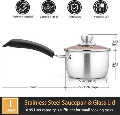 P&P CHEF 1 Quart Saucepan Small Pot, Stainless Steel Saucepan with Lid, Small Sauce Pan for Home Kitchen Restaurant Cooking, Visible Glass lid & Bakelite Heat-Proof Handles,Dishwasher Safe, 1 Pc - Image 2