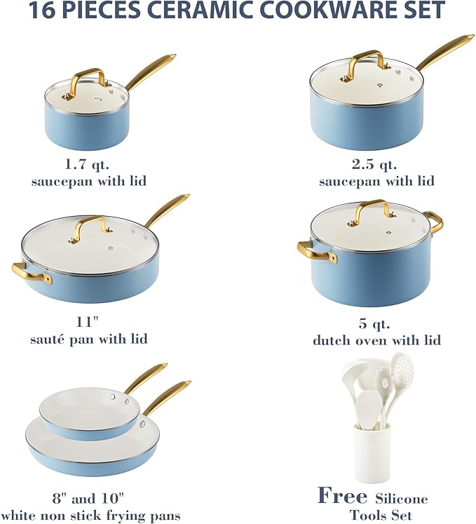Ceramic Cookware Set, VONIKI 16 Pcs Pots and Pans Set Non Stick, Kitchen Cookware Sets with Cooking Utensils Set, Non Toxic Cookware Set White Gold Pan Set for Cooking Pot Oven & Dishwasher Safe, Gift - Image 2