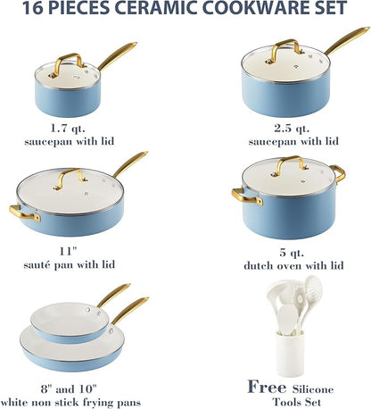 Ceramic Cookware Set, VONIKI 16 Pcs Pots and Pans Set Non Stick, Kitchen Cookware Sets with Cooking Utensils Set, Non Toxic Cookware Set White Gold Pan Set for Cooking Pot Oven & Dishwasher Safe, Gift - Image 2