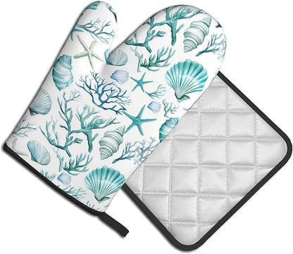 Nautical Oven Mitts and Pot Holders Sets Coastal Kitchen Mitts Potholders 2PCS Summer Starfish Seashell Coral Beach Oven Gloves Hot Pads for BBQ Grilling - Image 2