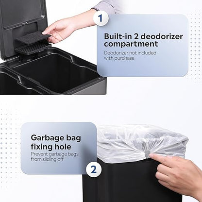WLIVE 2 x 8 Gallon Dual Compartment Trash Can Stainless Steel, Pet-Proof Double Garbage Can Kitchen with Lid, Inner Buckets and Deodorizing Filter Box, Trash and Recycle Bin Combo, Silver