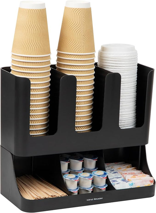 Mind Reader Cup and Condiment Station, 13 Inch Countertop Coffee Bar Organizer with 6 Compartments, Storage Caddy for Cups, Lids and Packets, Plastic, Black by MindReader