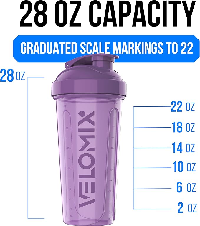 VELOMIX -2 Pack- 28 oz Protein Shaker Bottles for Protein Mixes - 2x Wire Whisk | Leak Proof Shaker Cups for Protein Shakes and Pre Workout | Protein Shaker Bottle Pack (Purple/Black)