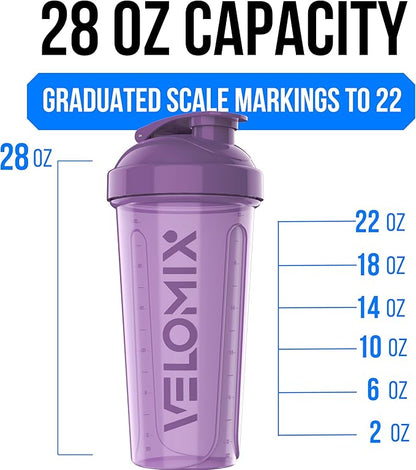 VELOMIX -2 Pack- 28 oz Protein Shaker Bottles for Protein Mixes - 2x Wire Whisk | Leak Proof Shaker Cups for Protein Shakes and Pre Workout | Protein Shaker Bottle Pack (Purple/Black)