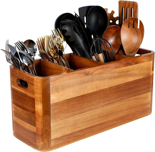 Wooden Kitchen Utensil Holder Organizer for Counter or Countertop, Large Wooden Utensil Holder for Storage Cooking and Silverware with 4 Compartment, Acacia Rustic Wood Container Extra Large by Brightdeer