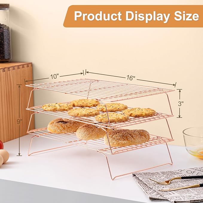Cooling Rack for Baking 3 Tiers, 16" x 10" Cookie Cooling Wire Rack Stackable Collapsible Nonstick, Stainless Steel Baking Cooking Cooling Racks with Optimum Air Flow, Rose Gold - Image 2