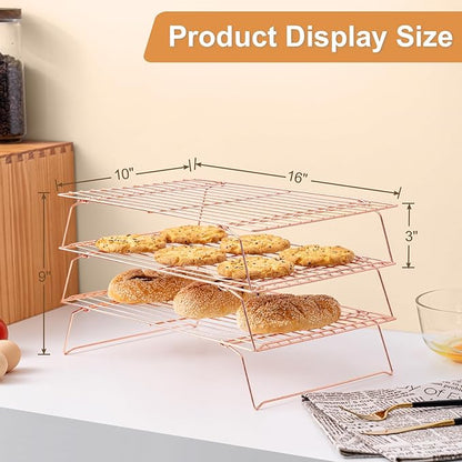 Cooling Rack for Baking 3 Tiers, 16" x 10" Cookie Cooling Wire Rack Stackable Collapsible Nonstick, Stainless Steel Baking Cooking Cooling Racks with Optimum Air Flow, Rose Gold - Image 2