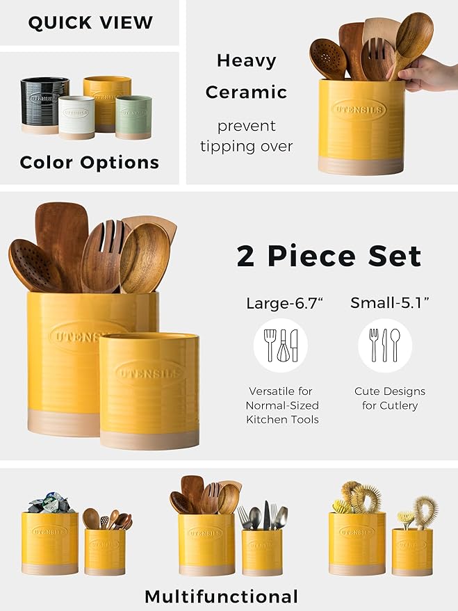 YHOSSEUN Kitchen Utensil Holder Set of 2, Ceramic Utensil Holder for Kitchen Counter, 6.7"+5.1" Cooking Utensil Crocks for Spatula, Oval Opening, Yellow - Image 7