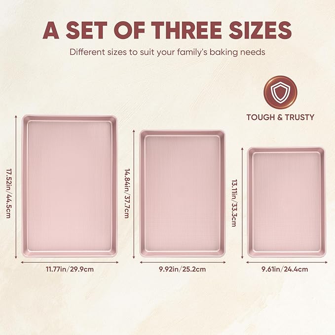 Sakerplus Nonstick Baking Sheet Pan Set of 3, Heavy Duty Cookie Sheets for Oven with Stripe Texture Pattern, 0.6mm Thick Quarter/Half/Jelly Roll Pans, Rust-Resistant & Easy Clean (Pink) - Image 3