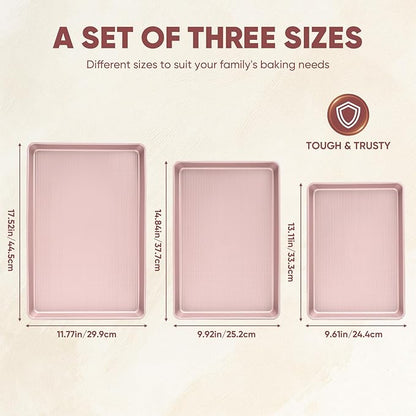 Sakerplus Nonstick Baking Sheet Pan Set of 3, Heavy Duty Cookie Sheets for Oven with Stripe Texture Pattern, 0.6mm Thick Quarter/Half/Jelly Roll Pans, Rust-Resistant & Easy Clean (Pink) - Image 3
