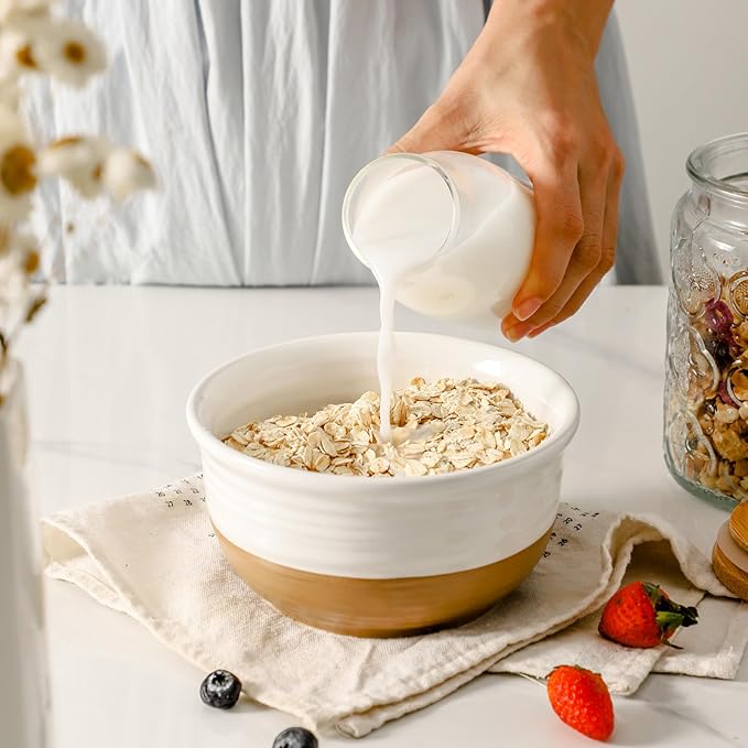 HASENSE Ceramic Cereal Bowls, 20 OZ Soup Bowls for Kitchen, White Bowls Dishwasher and Microwave Safe, Stackable Bowl Set for Pasta Oatmeal Rice Ice Cream, Colorblocked Design Dessert Bowls, Set of 6 - Image 4