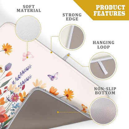 Kawani Spring Summer Flowers Dish Drying Mat for Kitchen Counter 16"x18" Colorful Floral Drying Mat Soft Absorbent Microfiber Farmhouse Fluttering Butterfly Dish Drainer Rack Mats for Counter tops