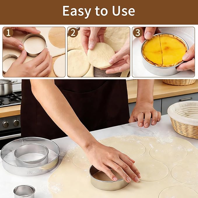9Pcs Round Cookie Cutter Set - Stainless Steel Biscuit Cutters(2,3,3.5,4,5,6Inch) with 3 Firm Plastic Dough Scrapers – Large Circle Cookie Cutter for Baking Pastry, Donuts, Fondant & Brownies - Image 4